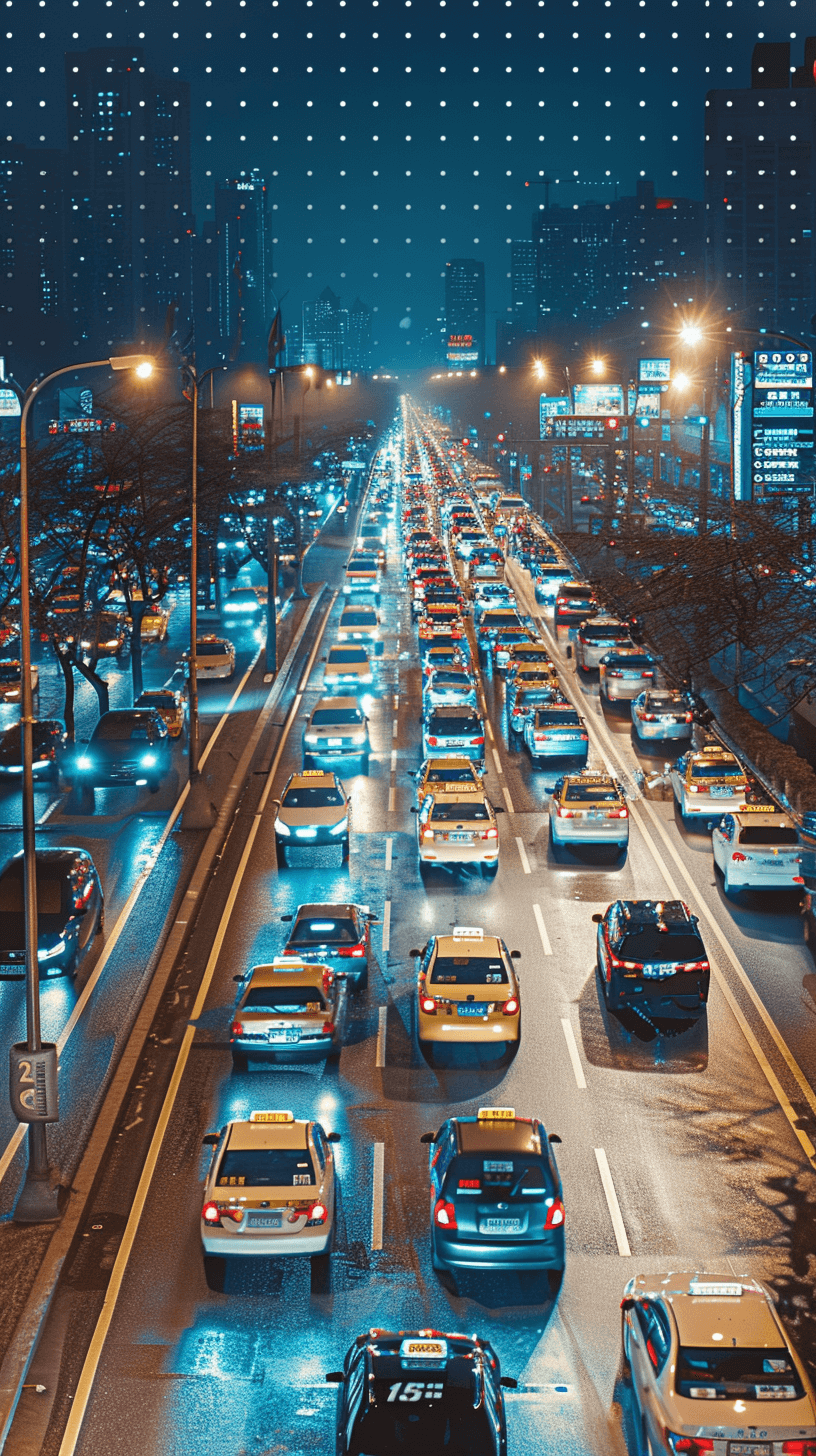 A traffic jam on the highway in Seoul, South Korea at night. There are no people around and cars line up to get into the city center. The lights of other vehicles can be seen shining through their windows. In front there is an empty road with blue lighting from streetlights. A T-shirt featuring digital art of cabs and passenger cars in the top left corner of the frame.