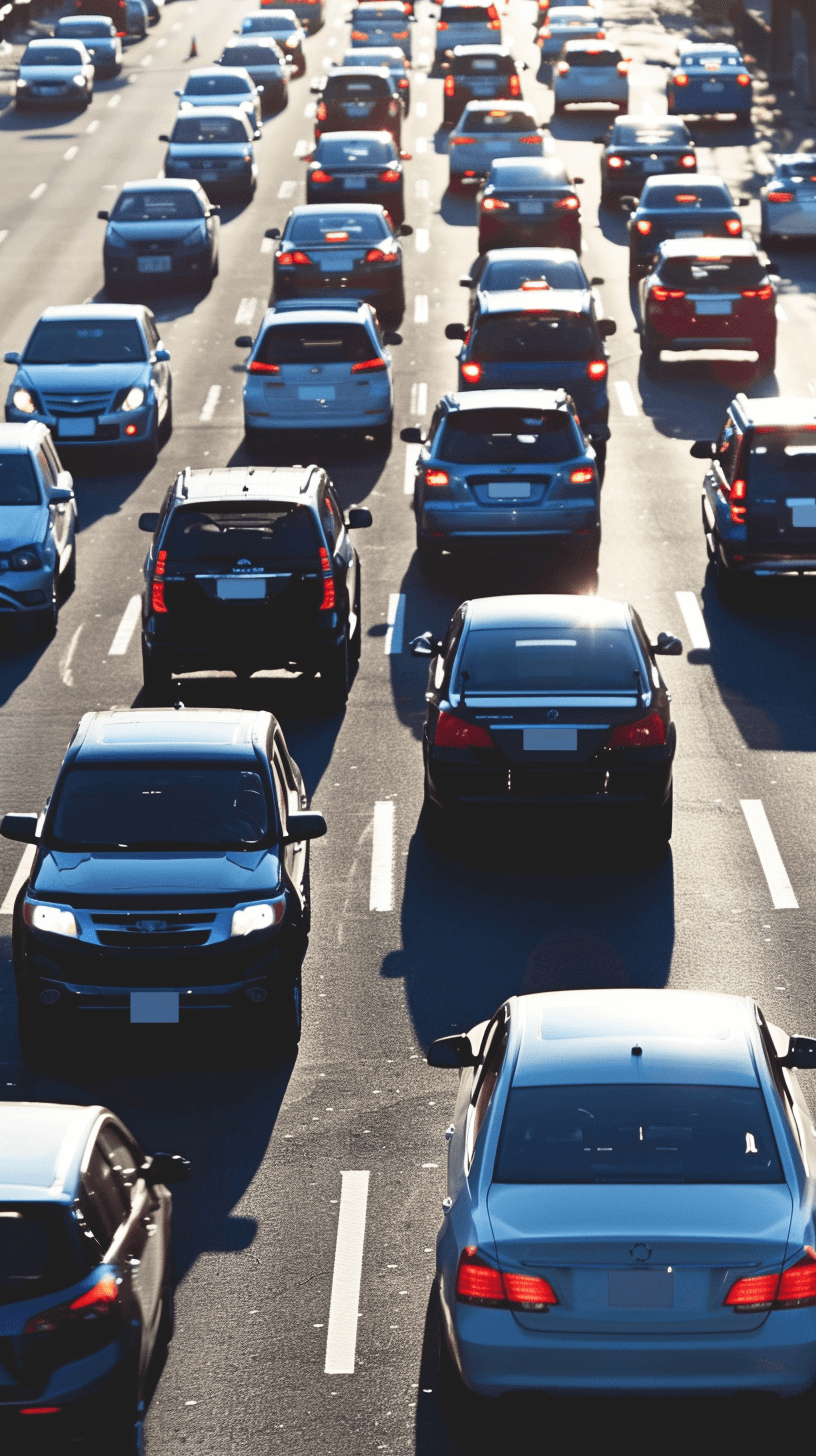 A view of the traffic on a highway full of cars, all blue and black cars. The weather is sunny in the style of an impressionist artist.