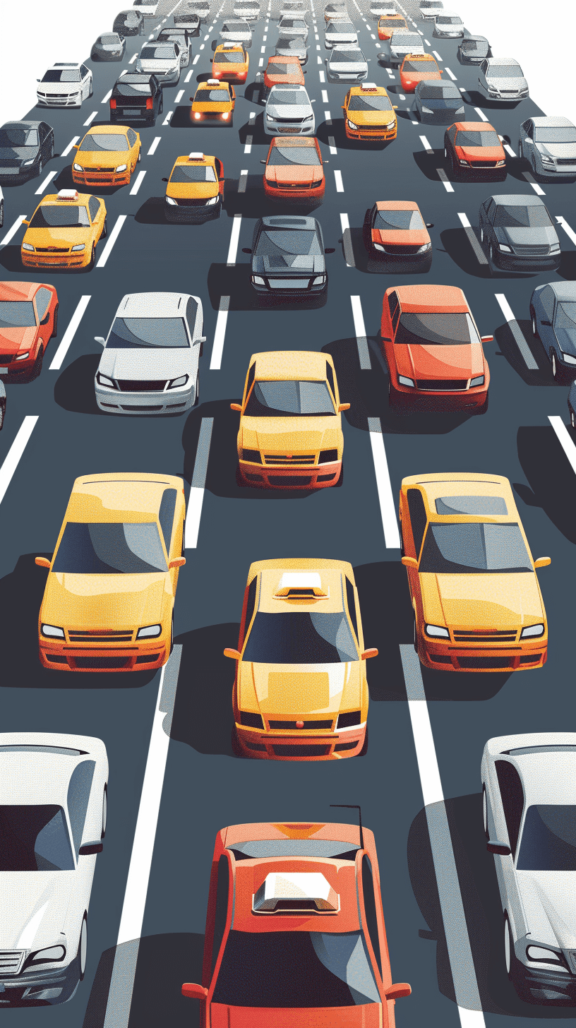 A traffic jam on the highway, cars in various colors and styles, in the cartoon style, vector illustration, flat design, high resolution, highly detailed, high definition, high quality image with details, high contrast, white background, top down view.