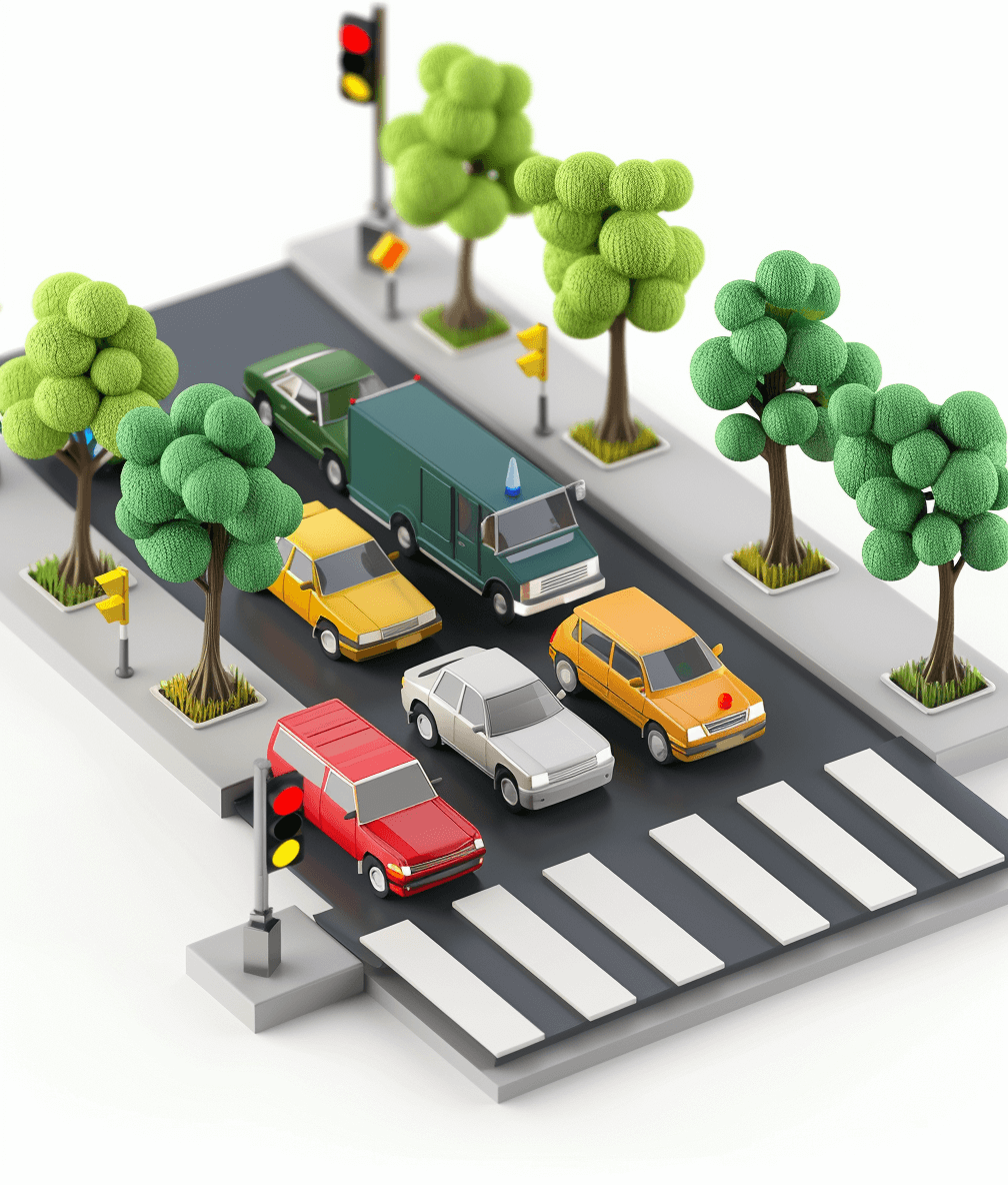 3d isometric view of cars, trucks and trees on the road at traffic light with white background