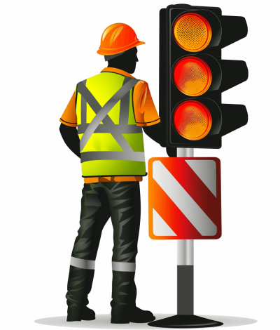 Highway worker standing next to traffic light, vector illustration with white background, high resolution