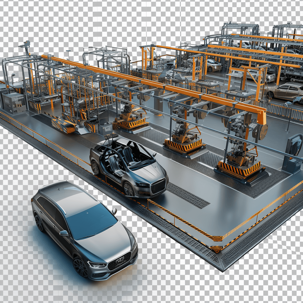 A car factory with cars being assembled on the production line, transparent background, 3D rendering style, isometric view, hyperrealistic, high resolution, s20