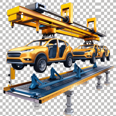 Car construction line with yellow SUVs on the conveyor belt isolated. The SUVs are in the style of different artists as they move down the belt.