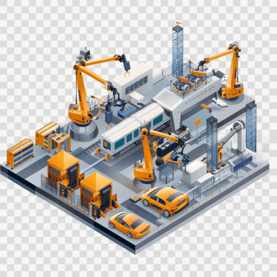 Isometric vector of modern car factory with robotic arms building cars, industrial machinery, yellow and grey colors, transparent background, PNG style, high resolution, hyper realistic