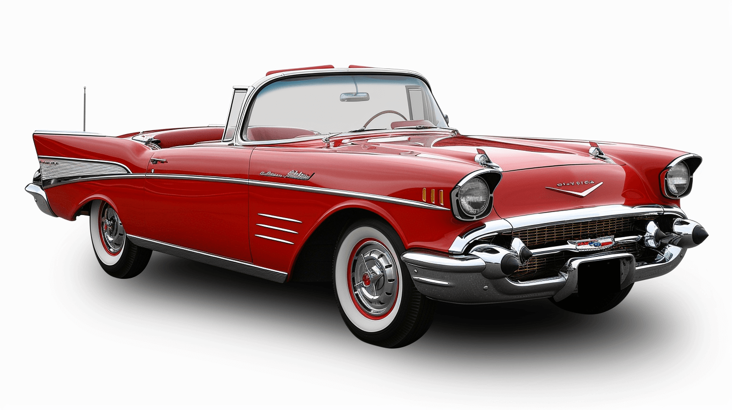 vintage red convertible chevrolet bel air car on white background, detailed rendering with soft shadows and no contrast, ultra realistic