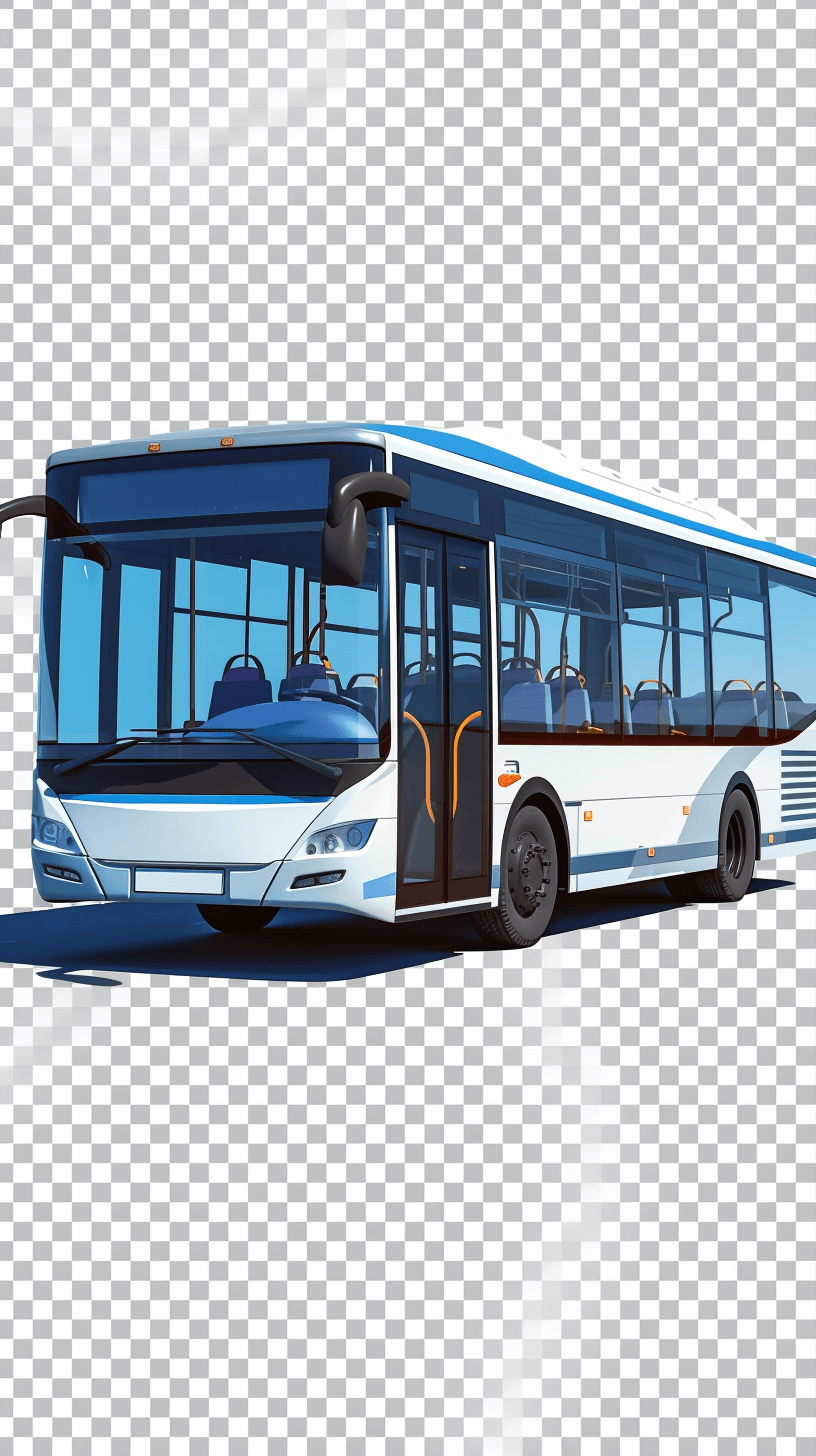 Modern city bus isolated on transparent background cutout, PNG file with white space around the edge of the frame for easy post Engineered chaos style cut out PNG sticker format , blue and grey colors