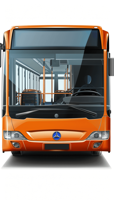 A modern orange bus with black accents, featuring the Mercedes-Benz logo on its front panel. The background is white with no text or other elements. This vector illustration has sharp lines that give an elegant feel to the overall design. It should be depicted from a frontal perspective so you can see both sides of the vehicle clearly. There must not be any shadows under or behind the vehicle, only on top.