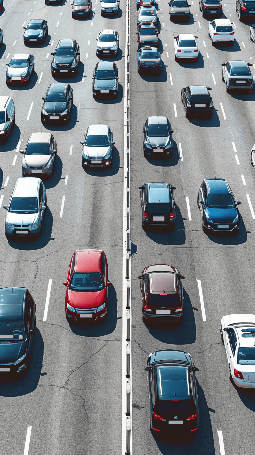 A bird’s-eye view of cars driving on the highway, with white and red vehicles in one row and blue ones in another. The background is gray. High definition photography style in the style of high definition photography.