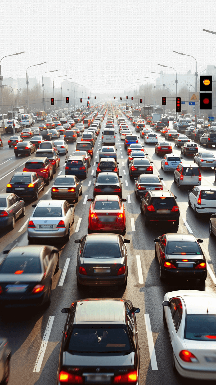 A traffic jam on the highway with cars driving in both directions, cars facing away from the camera. In an urban city center during daylight, cars moving slowly and various vehicles including trucks, buses on one side of the road, a traffic light at red. The background is blurred, highlighting the scenery of busy street life.