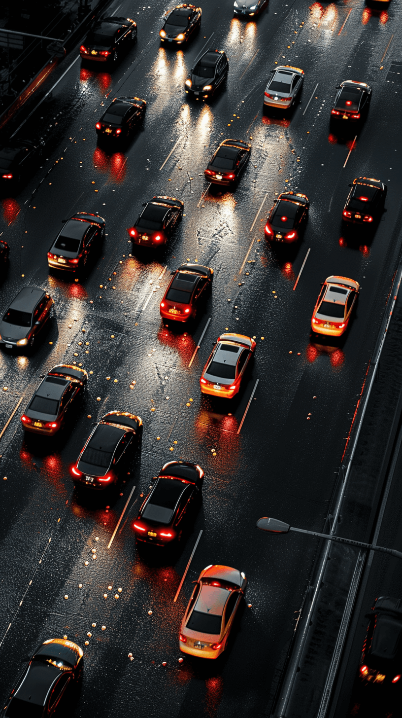 Aerial view of a traffic jam on a highway, with cars stuck in traffic and red and yellow lights flashing in the night time during rainy weather, with a cityscape background depicting an urban environment. High resolution photography with insanely fine details, like a professionally color graded stock photo.