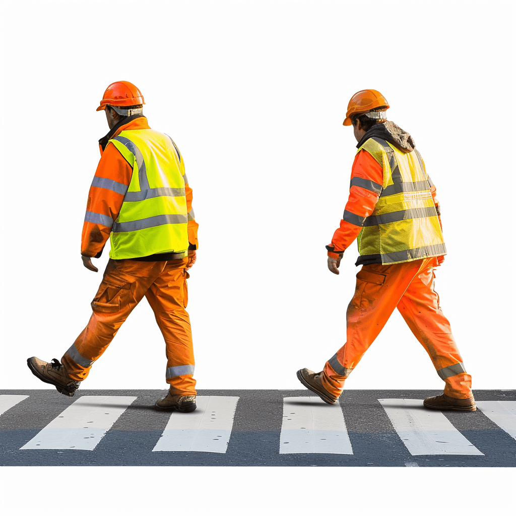 Two construction workers wearing orange safety and reflective vests walking on a zebra crossing, side view, white background, high resolution photography, with insanely detailed, isolated plain, photorealistic photoshoot, in the style of stock photo.