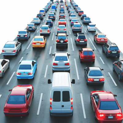 3D illustration of a traffic jam on a highway, with cars in the middle against a white background, in the style of high resolution photography.