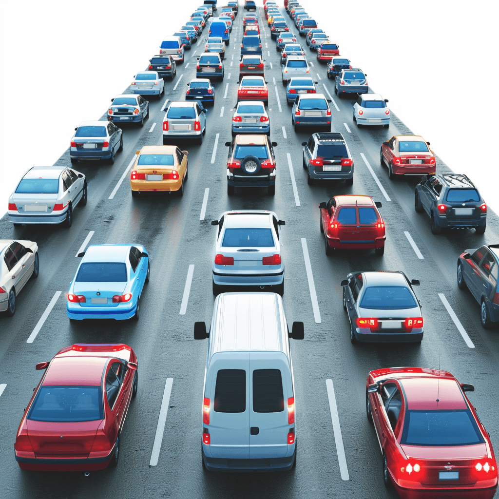 3D illustration of a traffic jam on a highway, with cars in the middle against a white background, in the style of high resolution photography.