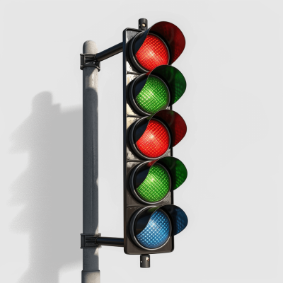 A traffic light with green and red lights on a white background, rendered in a photorealistic, hyperrealistic style in the style of octane render, based on a 3D model, rendered in blender without shadows, of a highly realistic, high resolution traffic light.