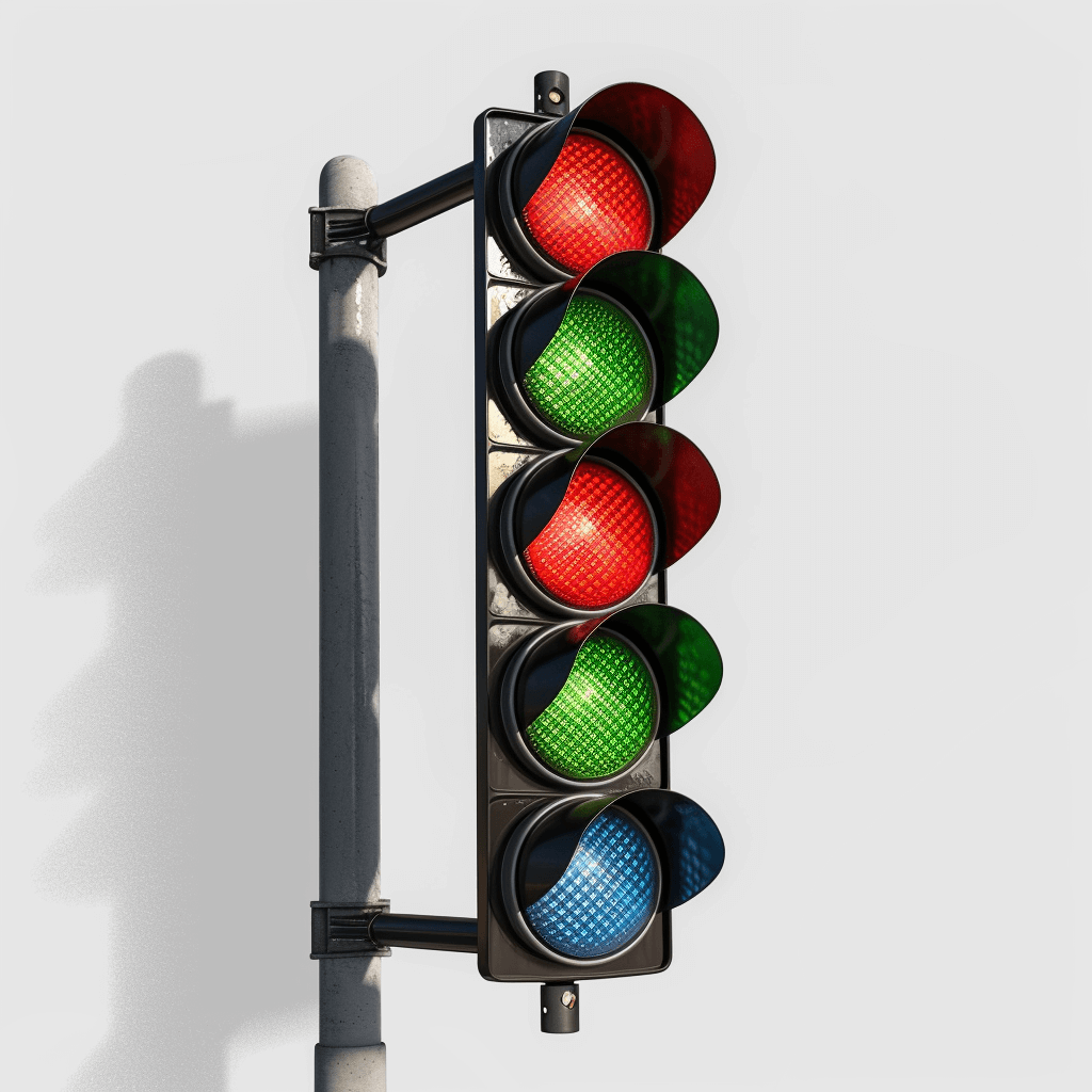 A traffic light with green and red lights on a white background, rendered in a photorealistic, hyperrealistic style in the style of octane render, based on a 3D model, rendered in blender without shadows, of a highly realistic, high resolution traffic light.