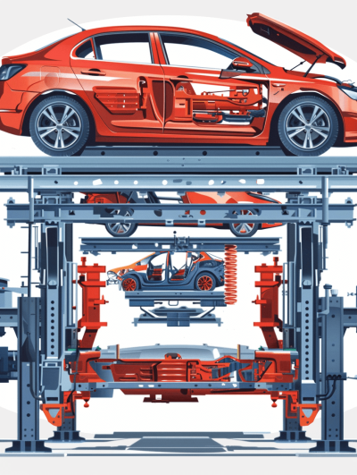 vector illustration of car subway workshop, orange and grey colors, white background, showing the process for trying to fit an electric vehicle into old design car station platform with two cars on top, one open door visible at bottom left side of picture, underneath is showing different components such as steel frame beams and blue pillars holding up whole structure. There's another small part being stretched across in middle that looks like something from barbie movie.