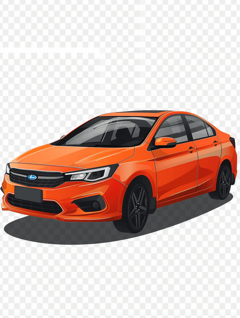 An orange new sedan car, cartoon style vector illustration in the style of Chinese artists with white background, png transparent format.