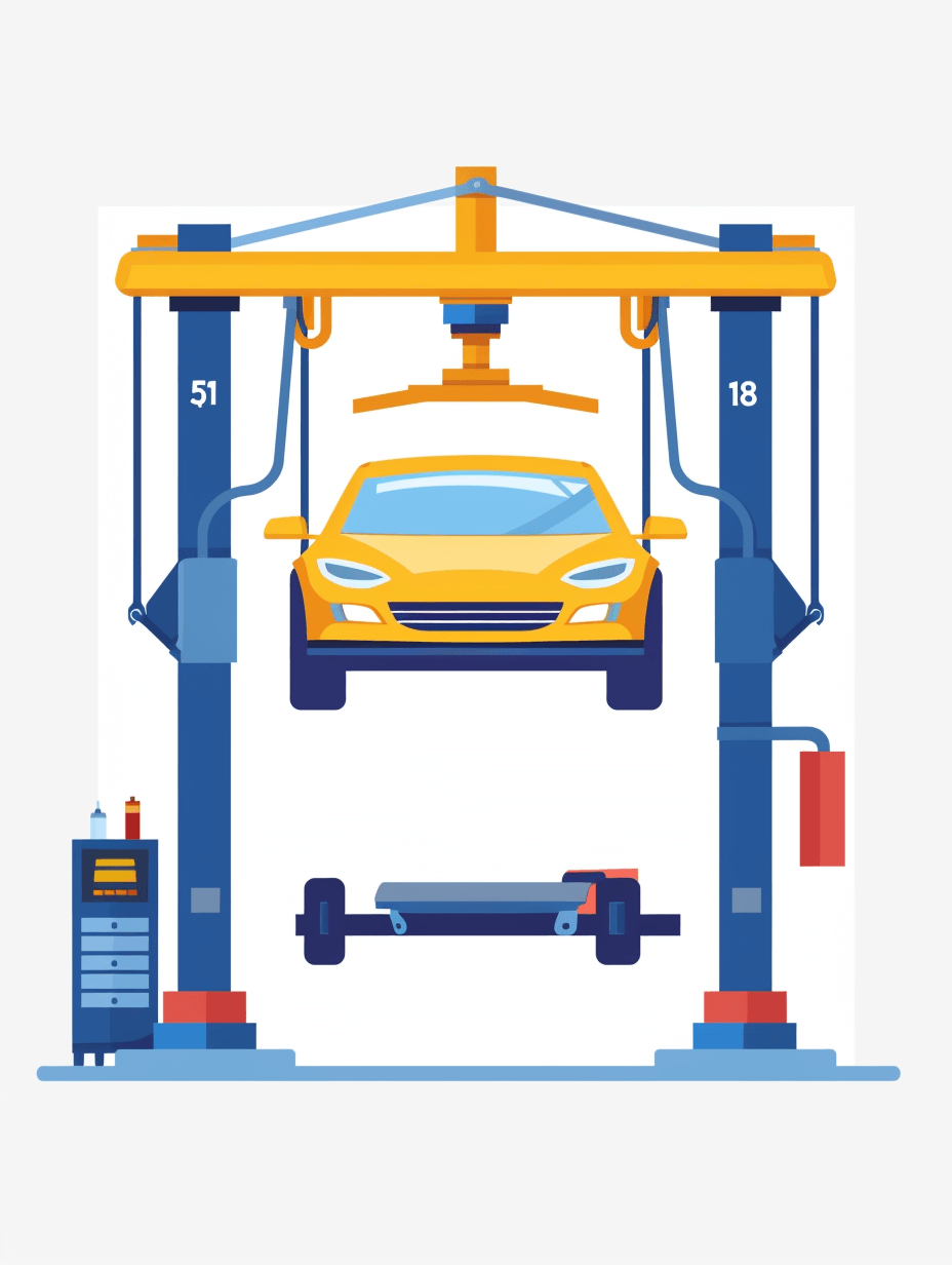 Flat vector illustration of an automotive workshop, with a yellow car on the lift and blue service station equipment, white background, 2d flat style, simple design, thin lines, minimalistic, sticker art, clean edges, high resolution, no shadows, in the style of an automotive workshop.