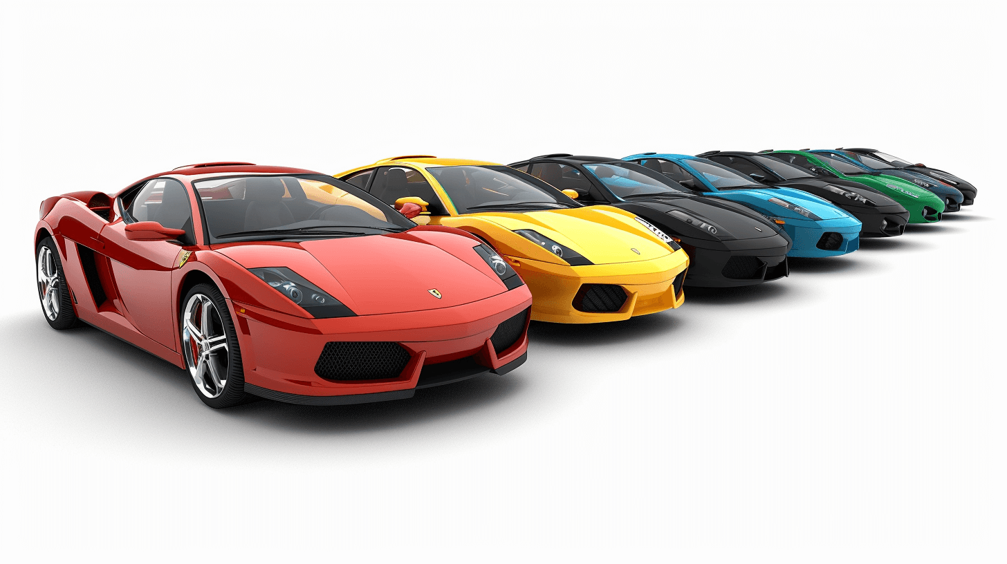 A row of sports cars, a red Lamborghini, a yellow Ferrari, a blue Porsche, a green Mercedes, on a white background, rendered in a photorealistic style.