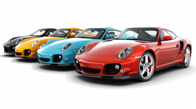 A group of colorful Porsche cars in different colors, front view, on a white background, with no shadows, at a high resolution, of high quality, with high detail, in sharp focus, with no blur and no depth of field. The cars are depicted in the style of various artists.