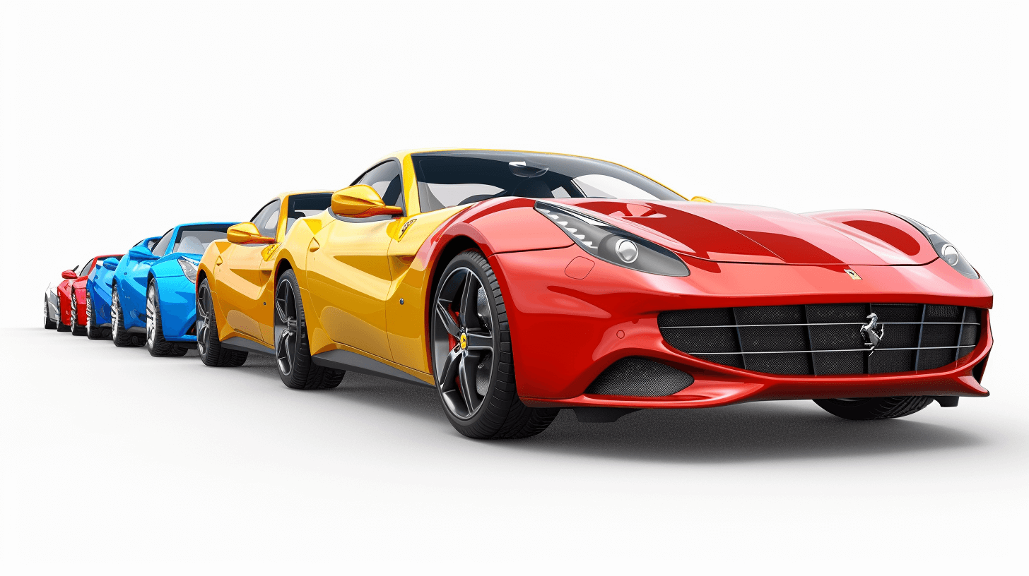 A row of Ferrari cars in red, yellow and blue colors on a white background, with high resolution, high quality, high detail, in a photorealistic, hyperrealistic style, professionally photographed, with professional color grading, soft shadows, no contrast, clean sharp focus, focus stacking, hyperdetailed, hyper realistic.