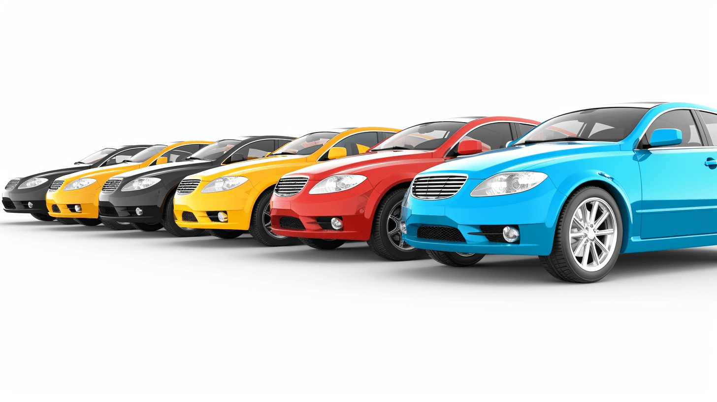 row of cars in different colors on white background, high resolution photo realistic