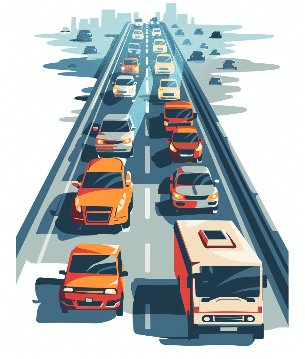 flat vector illustration of cars and trucks stuck in traffic jam on highway, city background, simple shapes, white background, no shadows, flat design style with clean sharp edges, soft gradient color palette