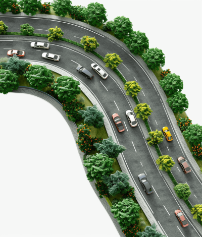 A highway with cars driving on it, the road curves to form an S shape, there is green vegetation and trees along both sides of the road, white background, top view, miniature scale model style, octane render, 3D rendering, bright colors, natural light, hyperrealistic details, high resolution, super detailed.