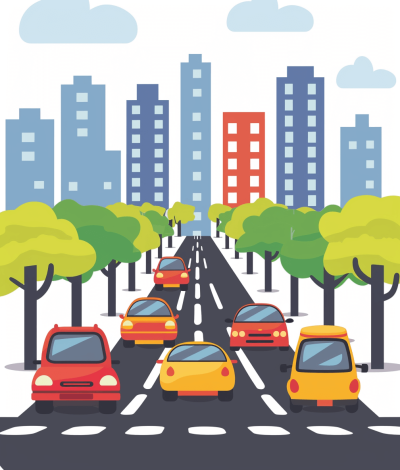 Flat vector illustration of cars driving on a road in a city, with tall buildings and trees along the side of the street. The background is a white color. It's a sunny day. There should be no shadows or shading on any part of the design. Flat design with simple shapes and minimal details. No gradients or highlights. The image has clear borders around elements to keep them isolated from each other. Clean and minimalist style with flat colors. In the style of a children's book. Isolated on a white background.