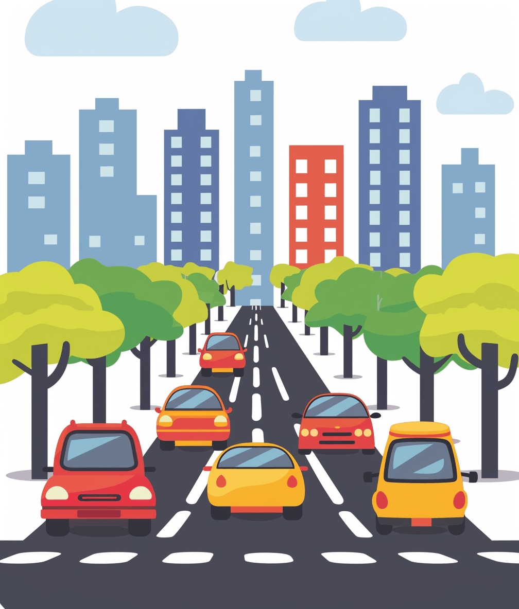 Flat vector illustration of cars driving on a road in a city, with tall buildings and trees along the side of the street. The background is a white color. It’s a sunny day. There should be no shadows or shading on any part of the design. Flat design with simple shapes and minimal details. No gradients or highlights. The image has clear borders around elements to keep them isolated from each other. Clean and minimalist style with flat colors. In the style of a children’s book. Isolated on a white background.