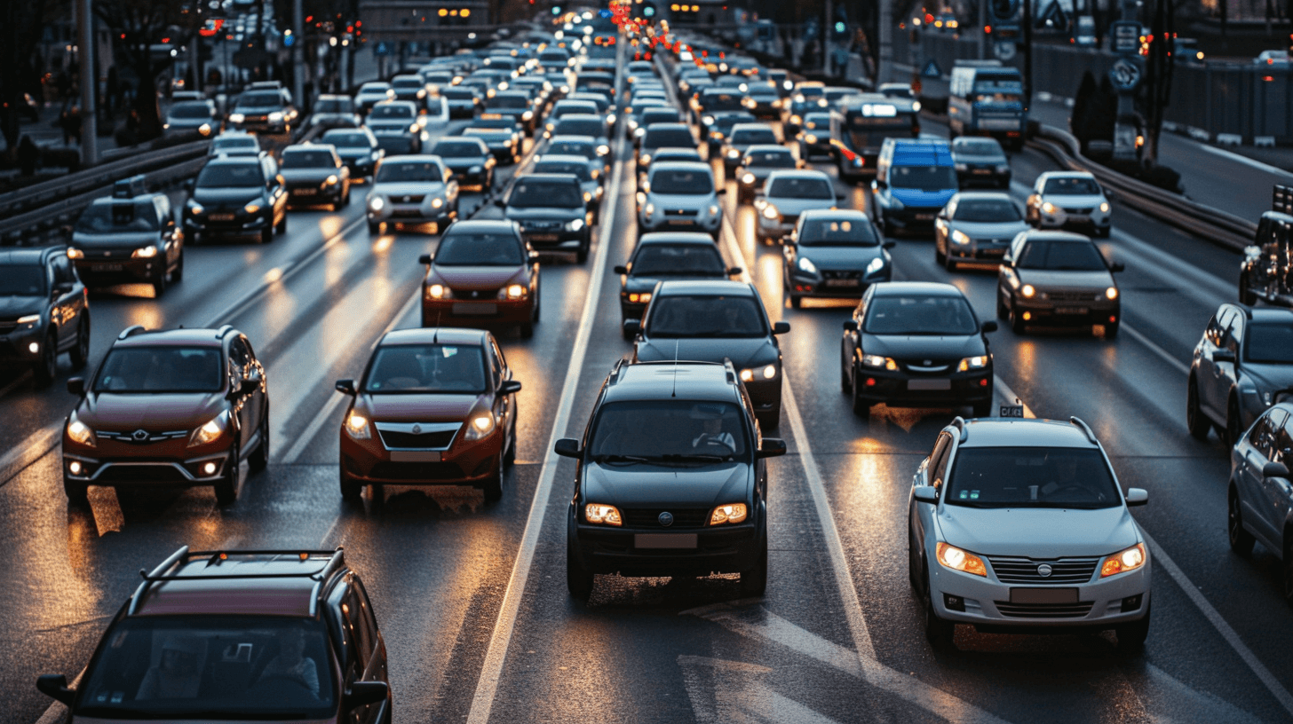 A traffic jam on the highway with cars driving in both directions, cars and trucks stuck together in the traffic, city street view, traffic lights, cars driving fast, modern cars driving through the crowd of vehicles, evening time, cars average car color white, cars blue, cars with black windows.