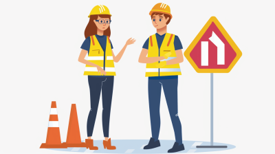 Illustration of two people in construction  and safety gear, one male with a yellow helmet standing next to a traffic sign, the other female talking while pointing at road cones on a white background, in the style of a vector illustration, flat design, simple shapes, professional graphic designer quality art.