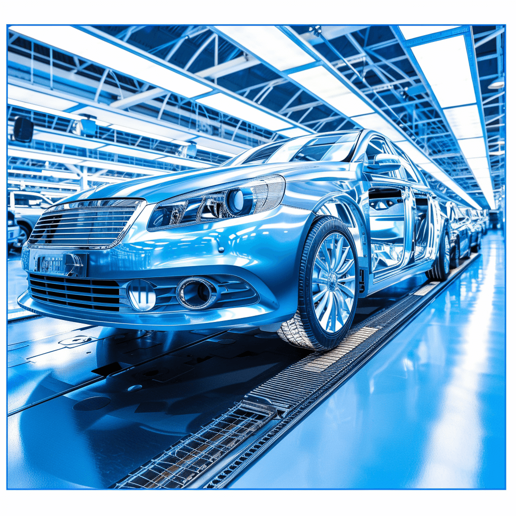 A blue car on the production line in a modern factory, rendered in a photorealistic style with a white background featuring blue tints, in the style of a sticker.