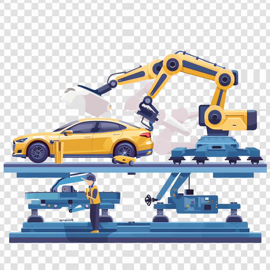 A robot arm is attached to the car on an assembly line, and workers build cars at factory isolated png transparent background medium detail illustration. A yellow robotic arms make cars in vector flat style. Car waxing machine with worker standing nearby isolated PNG icon element design. Modern automotive technology concept