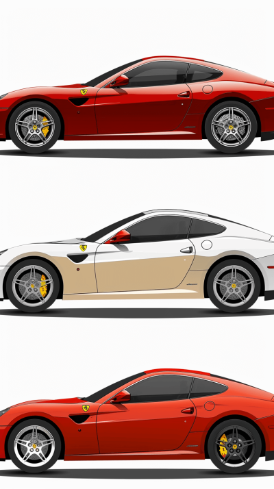 Three side view of Ferrari cars, white background, simple illustration style, flat design, red and beige color scheme, white, gold and silver colors, high resolution