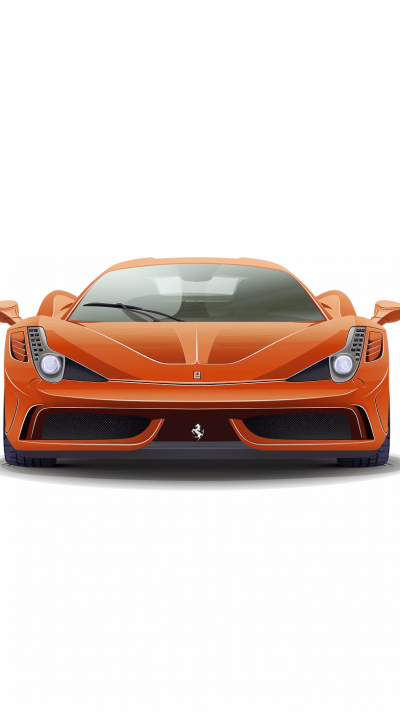 vector illustration of an orange ferrari front view, simple shapes, white background, simple lines, flat design, vector art style, high resolution, high contrast, professional photography, professional color grading, no grainy textures, no text or letters in the car