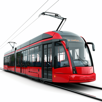 A red modern streetcar with black windows on white background, studio shot, photorealistic, product photography, 3D render, hyper realistic, detailed,