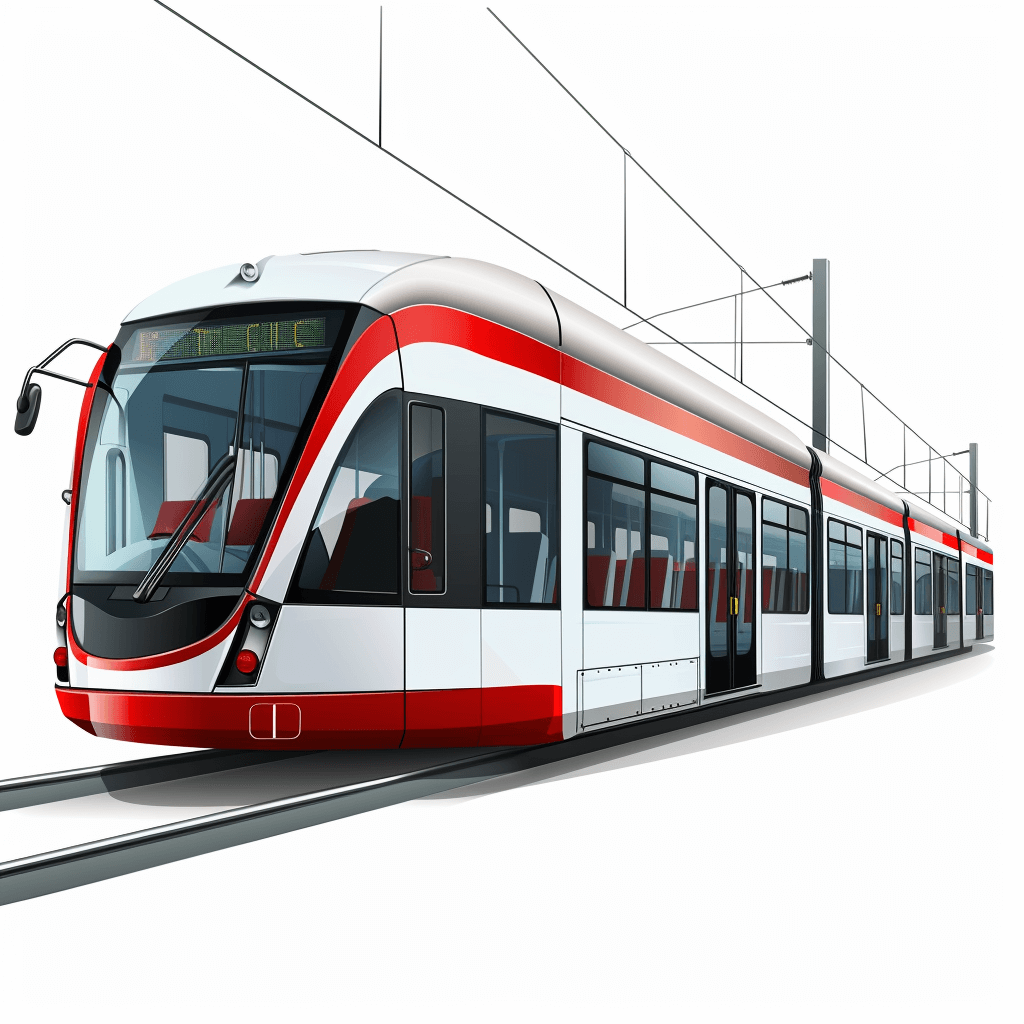 Modern red and white light rail train on the platform, vector illustration, clear lines, no shadows, high resolution, white background, high detail, 3D rendering, in the style of no artist.