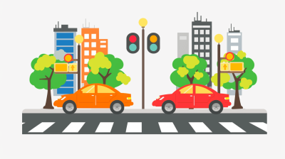 Flat design illustration of cars and traffic lights on the street, vector graphic, simple, white background, cityscape with buildings in the background, trees on both sides of road, vector graphics, two red cars driving towards the camera, a green tree between them, a yellow stop light above it, an orange square building at the far right side, white lines for crossing on the ground, simple minimalistic style, simple shapes, flat colors, simple shadows, no gradients, vector art, white background, in the style of simple minimalistic design with flat colors, simple shapes and no gradients.