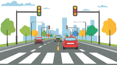 A vector illustration of cars driving on the road at traffic lights, with a white background, simple flat design with colorful elements, a city street scene with trees and buildings in the background, white lines for crosswalks and traffic light poles, without shadows or shading, in a simple icon style without gradients, with a high resolution, no text, and white space around the graphic.