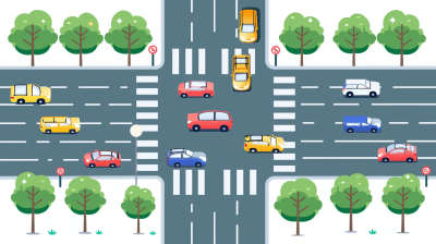 A flat illustration shows cars and trucks driving on the road at an intersection, with traffic lights and trees along both sides. The scene includes various vehicles in different colors including reds, blues, yellows, and greens. There are also white stripes indicating crosswalk areas for pedestrians to walk across the street safely. This design emphasizes clarity and simplicity while conveying urban city life through dynamic elements like moving vehicles and greenery. The style is vector art, cartoon, and minimalistic with a white background.