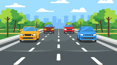 Cars driving on the highway, with cars in front of each other and one car behind them. This vector illustration shows cars on an asphalt road with trees along it and city buildings in the background. The cars are facing the camera and moving forward towards the viewer, in the style of a cartoon.