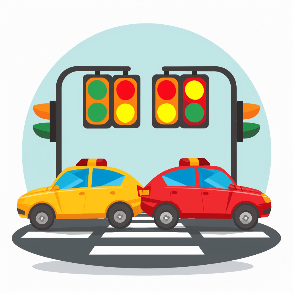 A vector illustration of two cars at an intersection with traffic lights, in the style of [Jocelyn Hobbie](https://goo.gl/search?artist%20Jocelyn%20Hobbie), flat design graphic style for logo and clipart, soft color background