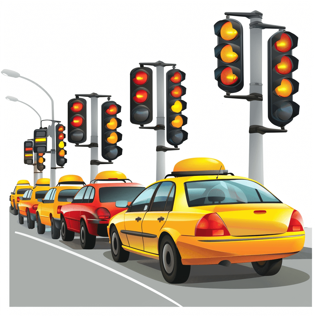 vector illustration of yellow taxi cabs at traffic lights, vehicles in line behind the red light on white background. The illustration is in the style of traffic with taxi cabs waiting at a red light and cars lined up behind them.