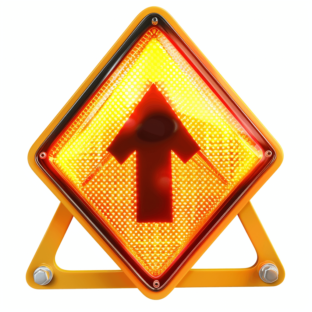 The yellow diamond shaped traffic sign with an arrow pointing up on a white background has irregular edges in the style of Girad.