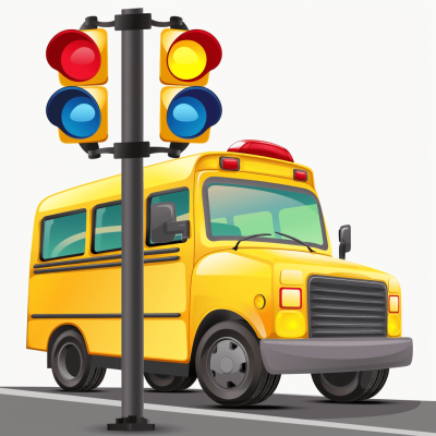 A cartoon school bus at an intersection with traffic lights, vector illustration on white background, cute style, simple design, high resolution, professional photography, ultradetailed, hyper realistic