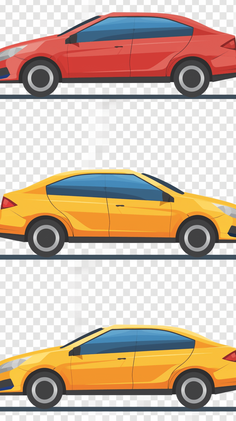 Vector illustration of three cars, side view, flat design, in the style of vector style, red and yellow color scheme, transparent background, high resolution