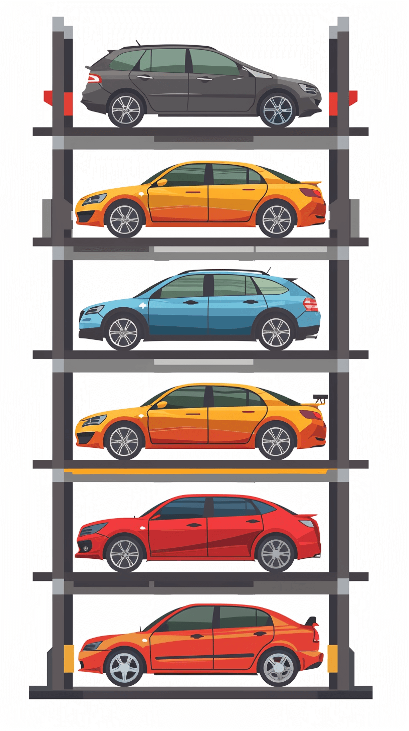 A set of vector illustrations on the theme of a multilevel parking garage, with cars standing in rows and columns on shelves, in a flat design style with a white background and colorful, bright colors, of high quality.