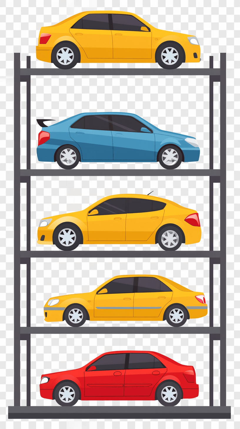 Four cars on the car rack, vector flat icon illustration with transparent background, front view, side view and back view of four different colored cars standing in vertical position on shelves of a parking garage. All elements have sharp edges.