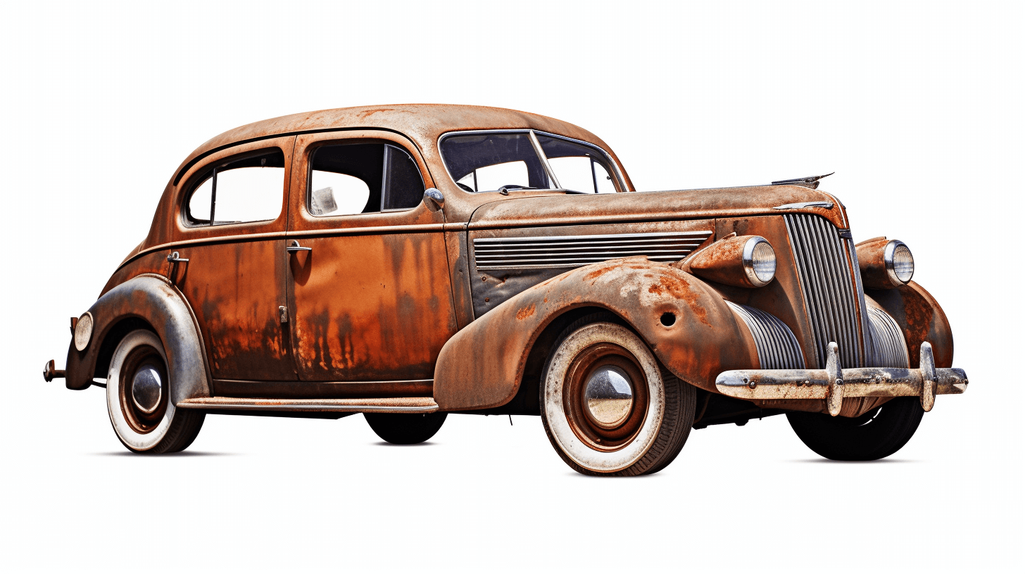 Vintage rusty car isolated on a white background, in the clip art style, highly detailed and realistic, in the raw style.